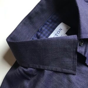 ETON slim , solid dark blue fine cotton shirt Sz 16.5 made in Romania  🇷🇴